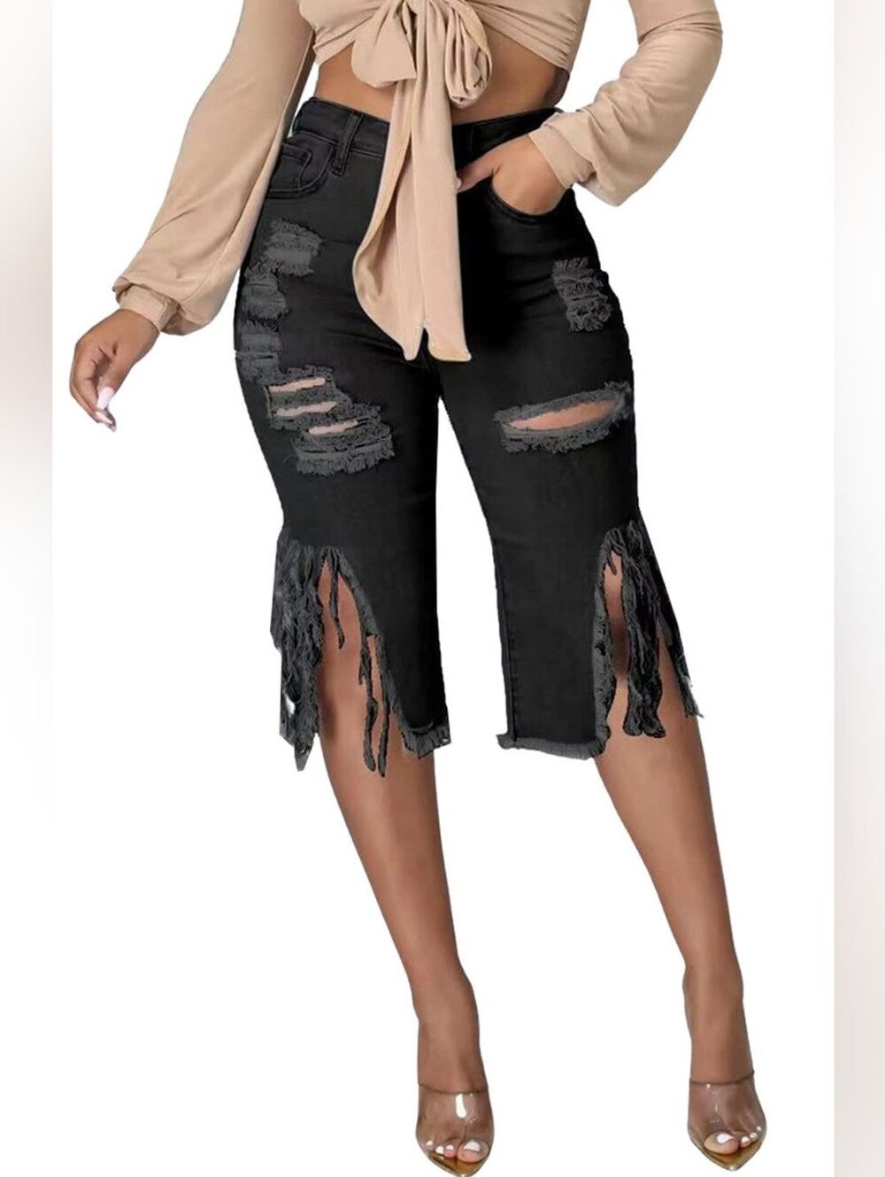 Ripped Black Jean Short Women High Waist Knee Length Stretchy Raw Hem, XL